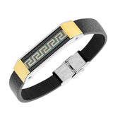Stainless Steel Black Leather Two-Tone Greek Key Men's Bracelet