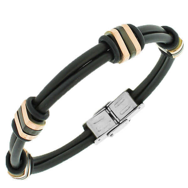 Stainless Steel Black Rubber Silicone Silver-Tone Rose Gold-Tone Men's Bracelet