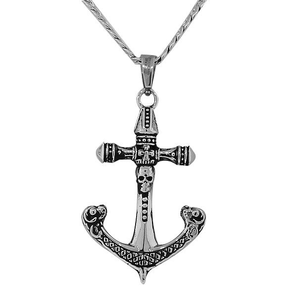 Stainless Steel Black Silver-Tone Anchor Skull Large Pendant Necklace