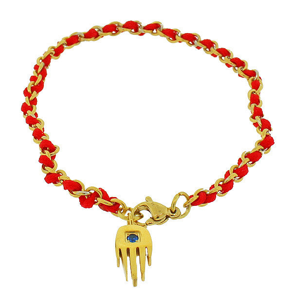Stainless Steel Red Cord Blue CZ Yellow Gold-Tone Hamsa Bracelet