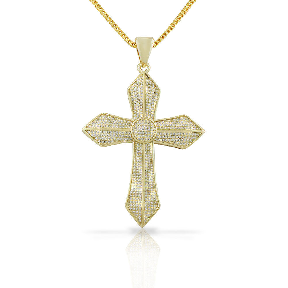 925 Sterling Silver Yellow Gold-Tone Large Hip-Hop CZ Latin Cross Religious Mens Pendant Necklace