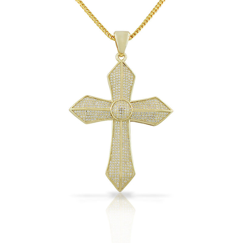 925 Sterling Silver Yellow Gold-Tone Large Hip-Hop CZ Latin Cross Religious Mens Pendant Necklace
