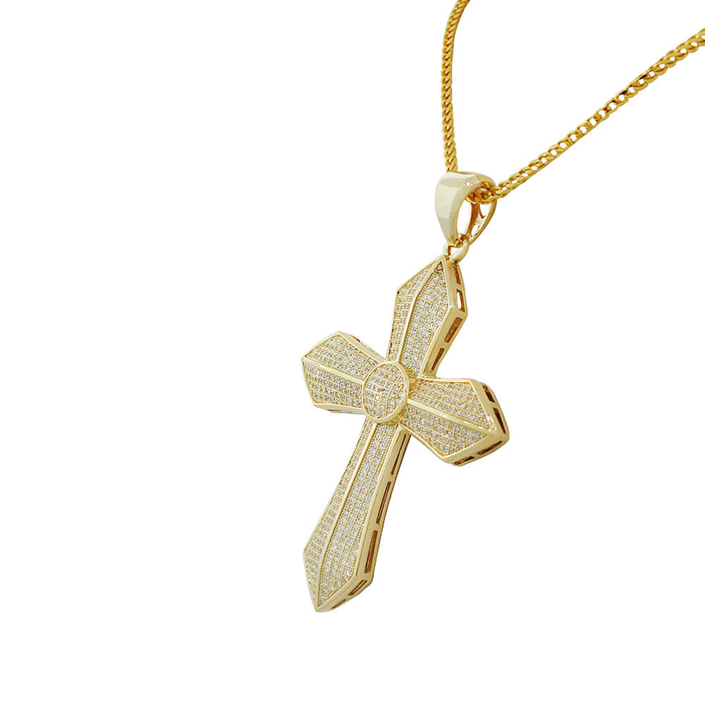 925 Sterling Silver Yellow Gold-Tone Large Hip-Hop CZ Cross Religious Mens Pendant Necklace