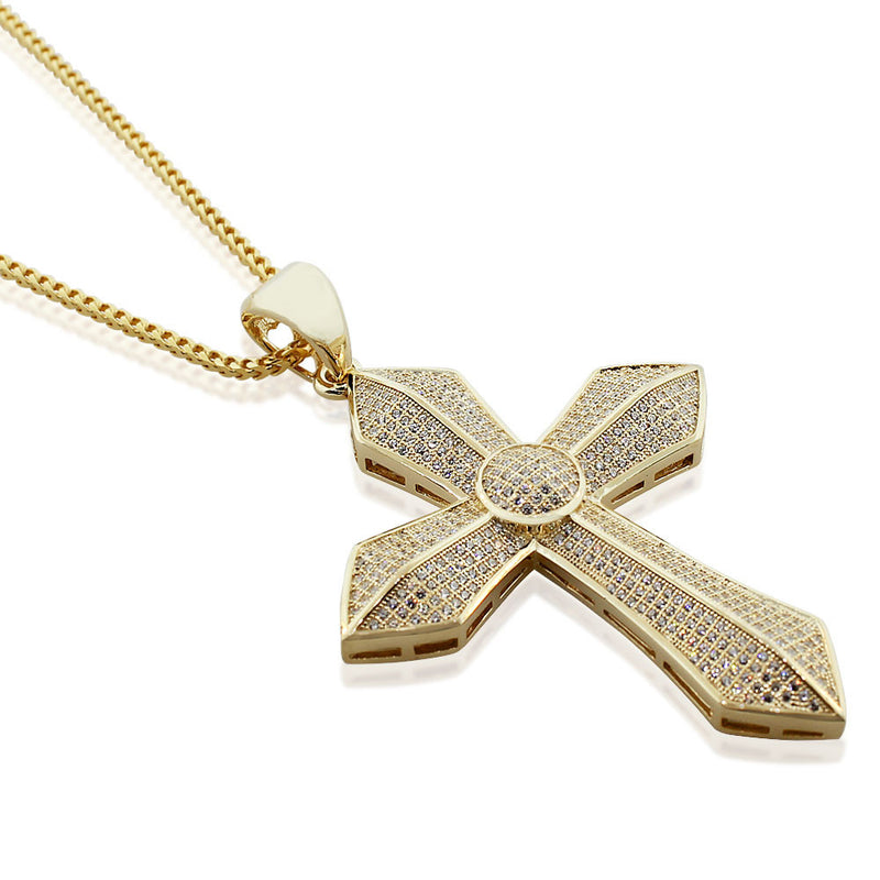 925 Sterling Silver Yellow Gold-Tone Large Hip-Hop CZ Cross Religious Mens Pendant Necklace