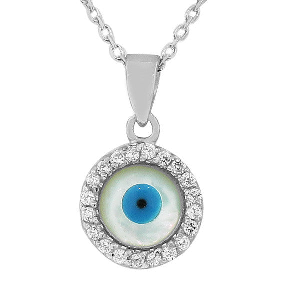 925 Sterling Silver Round White CZ Simulated Mother-of-Pearl Evil Eye Pendant Necklace