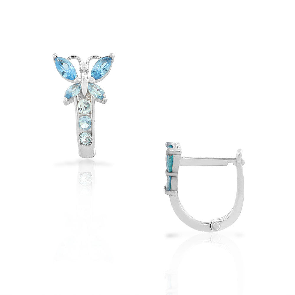 925 Sterling Silver Blue Aquamarine-Tone CZ Butterfly Hoop Huggie Girls Small Earrings