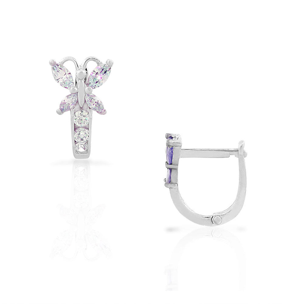 925 Sterling Silver Light Purple Violet CZ Butterfly Hoop Huggie Girls Small Earrings