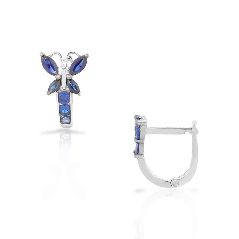 925 Sterling Silver Blue Sapphire-Tone CZ Butterfly Hoop Huggie Girls Small Earrings