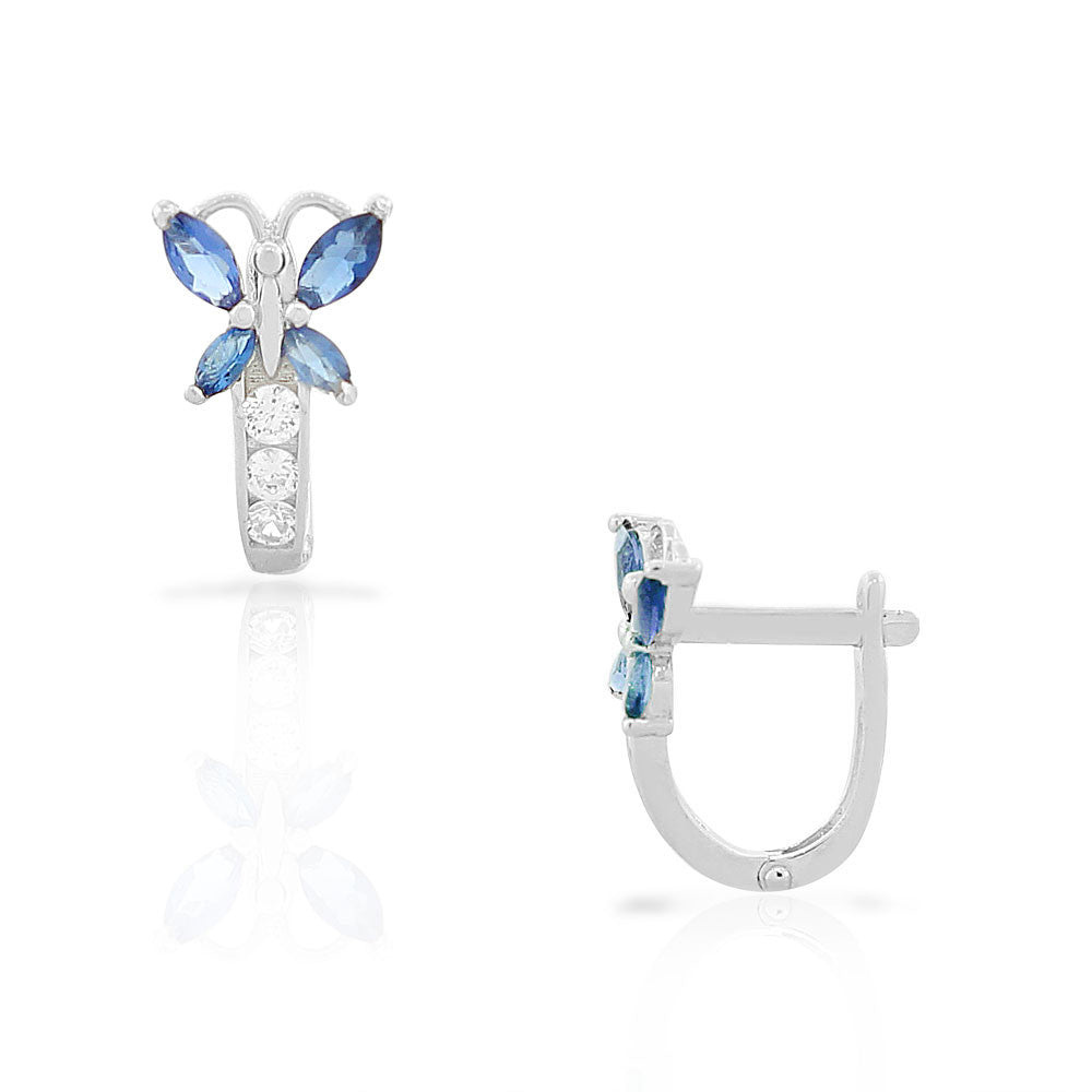 925 Sterling Silver White Blue Aquamarine-Tone CZ Butterfly Hoop Huggie Small Earrings
