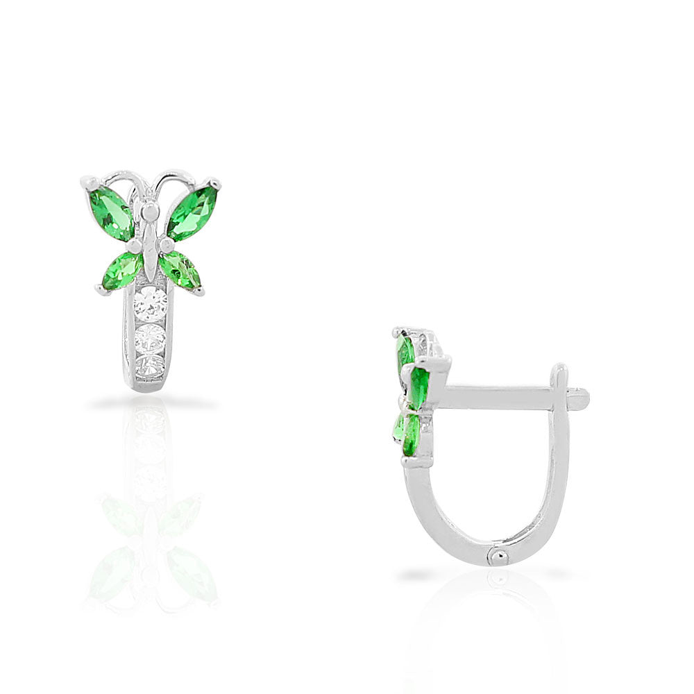 925 Sterling Silver White Green Emerald-Tone CZ Butterfly Hoop Huggie Girls Small Earrings