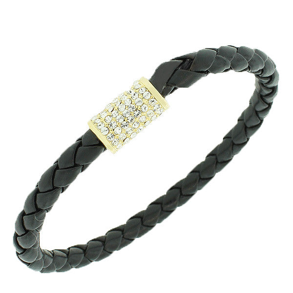 Fashion Alloy Black Faux PU Leather Yellow Gold-Tone White CZ Wristband Bracelet