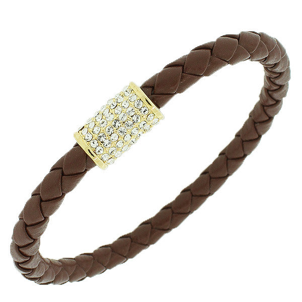 Fashion Alloy Brown Faux PU Leather Yellow Gold-Tone White CZ Wristband Bracelet