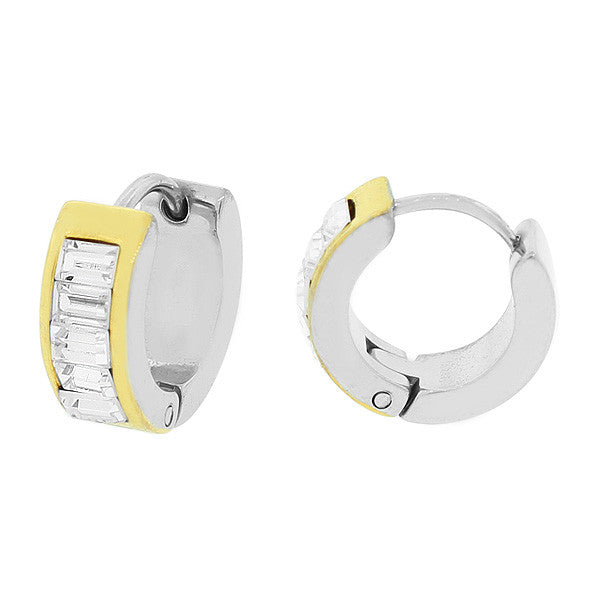 Stainless Steel Two-Tone White Baguette CZ Hoop Huggie Earrings