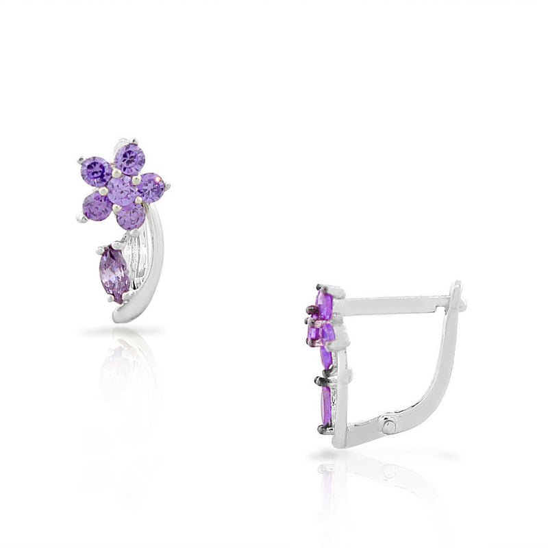 925 Sterling Silver Purple Amethyst-Tone CZ Flower Hoop Huggie Small Earrings