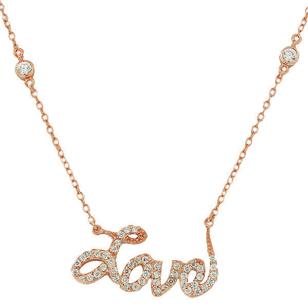 925 Sterling Silver Rose Gold-Tone Love Heart Charm White CZ Pendant Necklace
