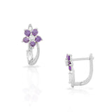 925 Sterling Silver White Purple Amethyst-Tone CZ Flower Hoop Huggie Small Earrings