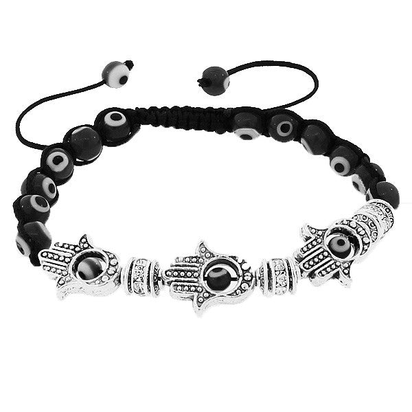 Fashion Alloy Black Silver-Tone CZ Evil Eye Hamsa Adjustable Beaded Bracelet
