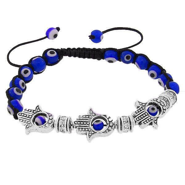Fashion Alloy Blue Silver-Tone CZ Evil Eye Hamsa Adjustable Beaded Bracelet
