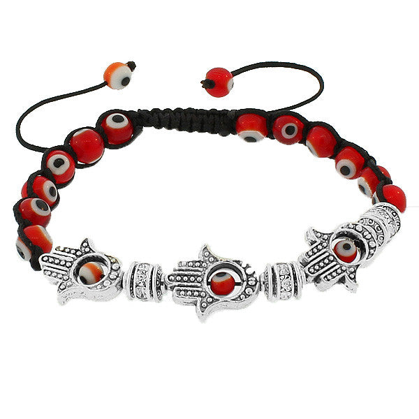 Fashion Alloy Red Silver-Tone CZ Evil Eye Hamsa Adjustable Beaded Bracelet