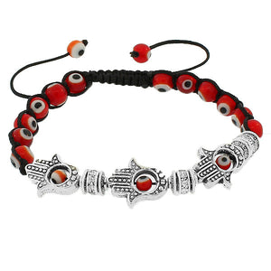 Fashion Alloy Red Silver-Tone CZ Evil Eye Hamsa Adjustable Beaded Bracelet