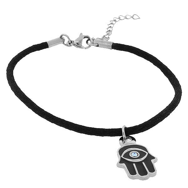 Stainless Steel Blue CZ Black Evil Eye Hamsa Adjustable Bracelet