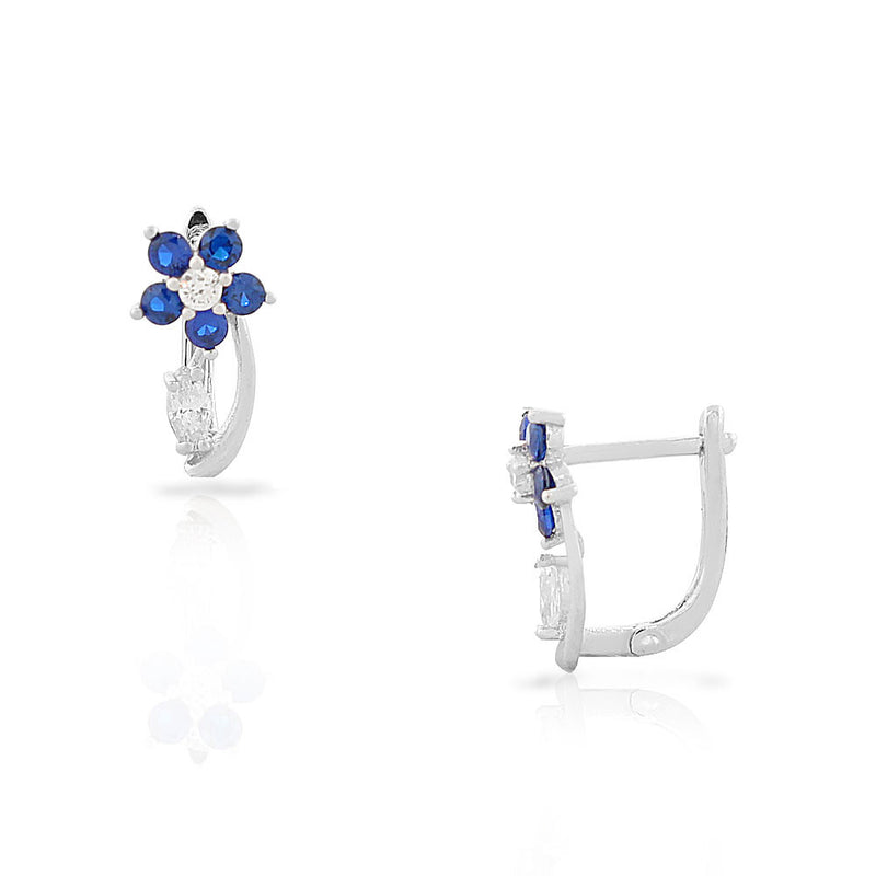 925 Sterling Silver White Blue Sapphire-Tone CZ Flower Hoop Huggie Small Earrings