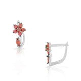 925 Sterling Silver Red Ruby-Tone CZ Flower Hoop Huggie Small Earrings