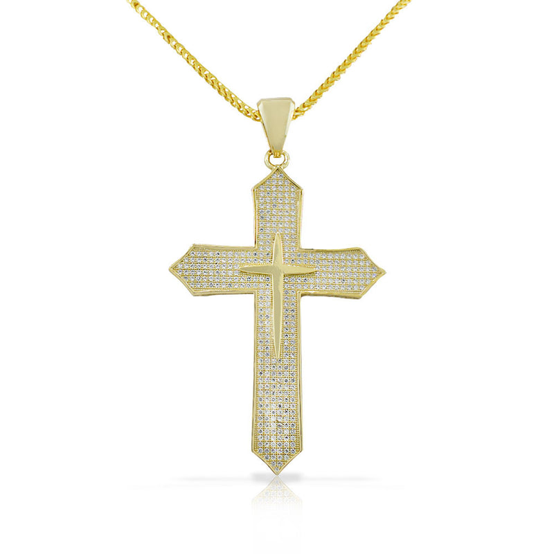 925 Sterling Silver Yellow Gold-Tone Large Hip-Hop CZ Latin Cross Religious Mens Pendant Necklace