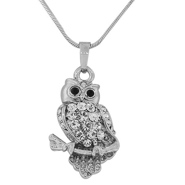 Fashion Alloy Silver-Tone Black White CZ Owl Pendant Necklace