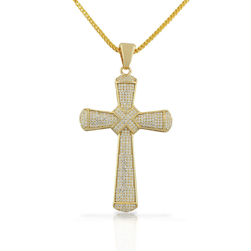 925 Sterling Silver Yellow Gold-Tone Large Hip-Hop CZ Latin Cross Religious Mens Pendant Necklace