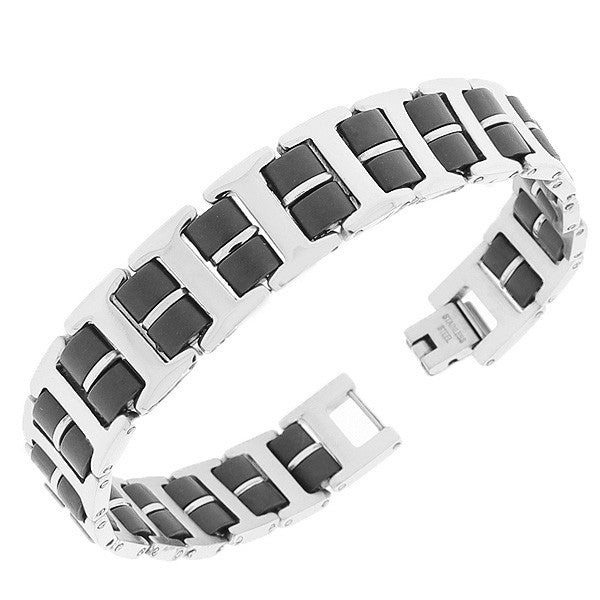 Stainless Steel Black Silver-Tone Link Chain Men's Bracelet