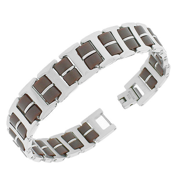 Stainless Steel Brown Silver-Tone Link Chain Men's Bracelet