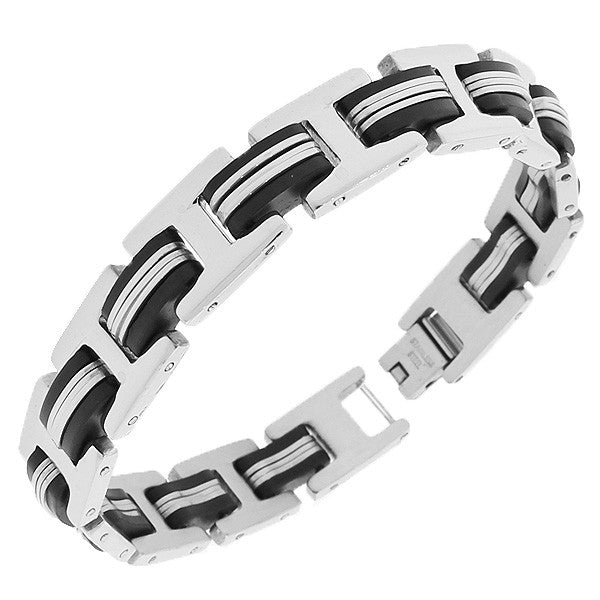 Stainless Steel Black Silver-Tone Link Chain Men's Bracelet