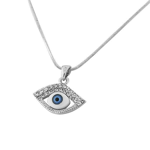 Fashion Alloy Silver-Tone Blue Evil Eye White CZ Pendant Necklace