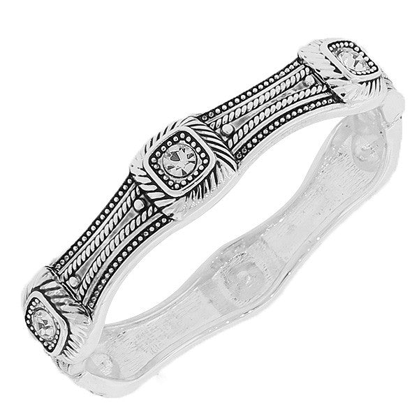 Fashion Alloy Silver-Tone White CZ Vintage-Look Bangle Bracelet