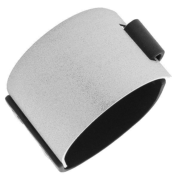 Stainless Steel Black Leather Silver-Tone Glitter Wide Wristband Bracelet