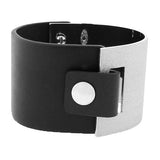 Stainless Steel Black Leather Silver-Tone Glitter Wide Wristband Bracelet