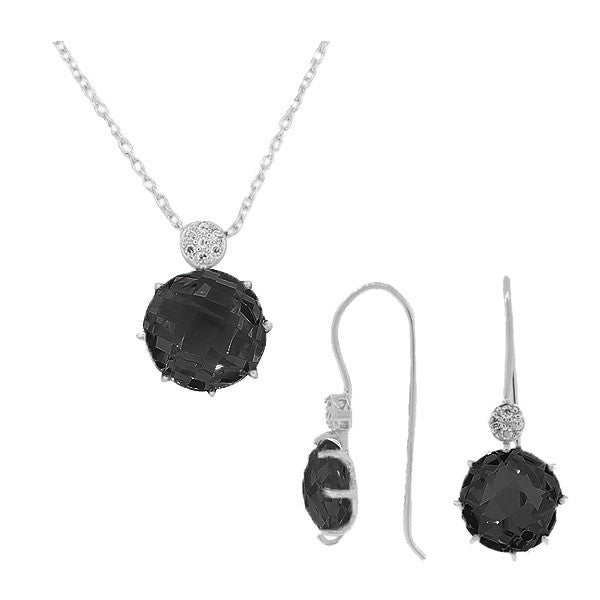 925 Sterling Silver Black CZ Charm Pendant Necklace Earrings Set