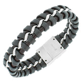 Stainless Steel Brown Leather Silver-Tone Braided Link Chain Men's Bracelet