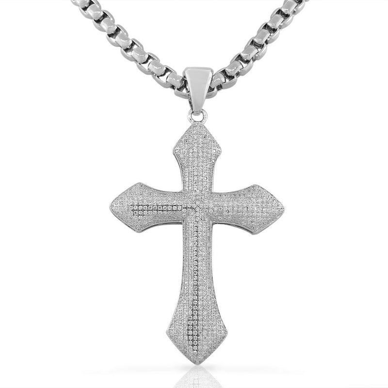 925 Sterling Silver Large Hip-Hop Micro Pave-Set CZ Latin Cross Religious Mens Pendant Necklace