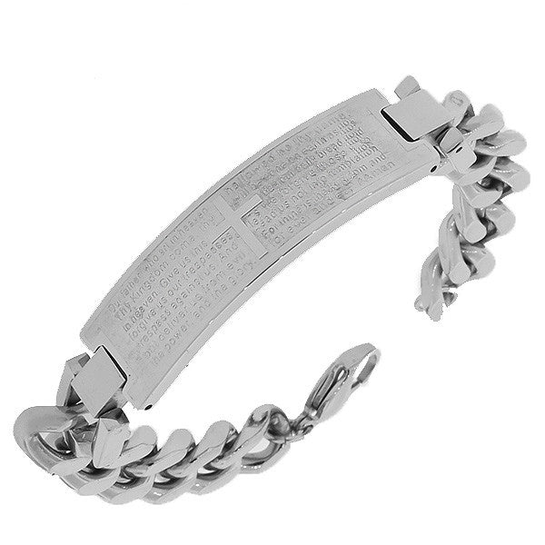 Stainless Steel Silver-Tone Religious Cross English Lord's Prayer Men's Bracelet