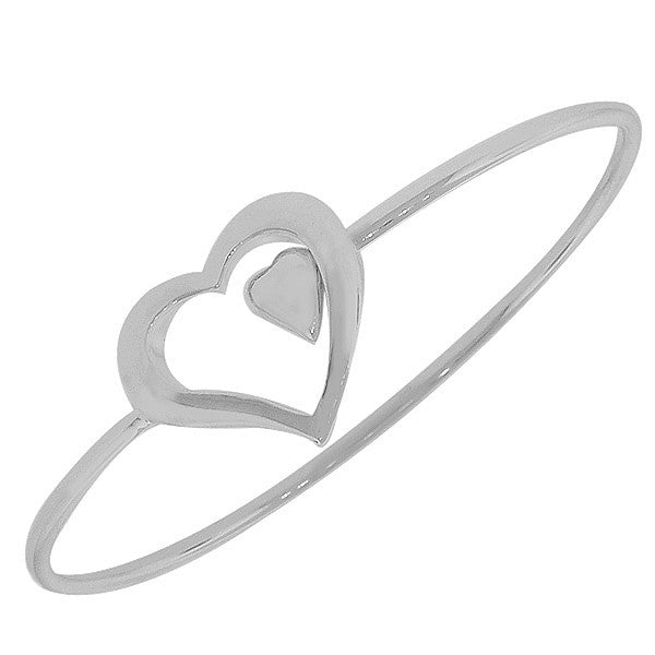925 Sterling Silver Double Heart Love Classic Bangle Bracelet
