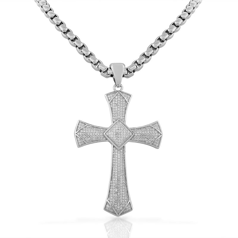 925 Sterling Silver Large Hip-Hop Micro Pave-Set CZ Latin Cross Religious Mens Pendant Necklace