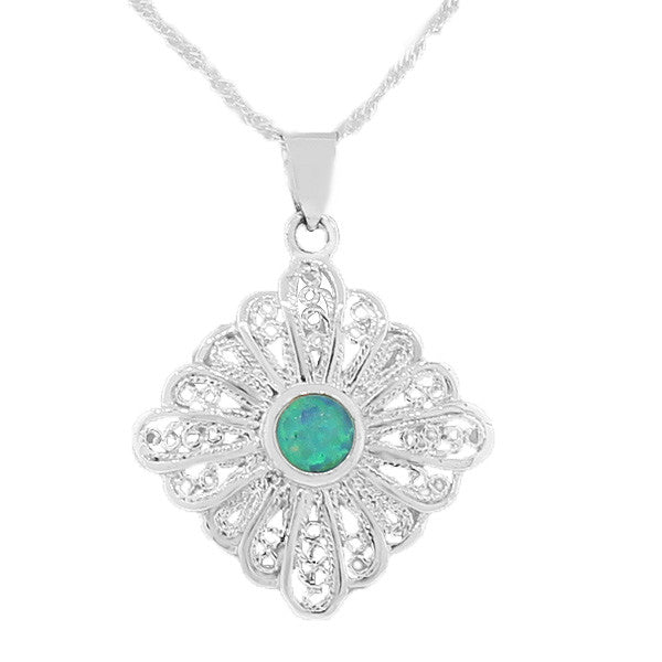 925 Sterling Silver Blue Turquoise-Tone Simulated Opal Antique Vintage Pendant Necklace