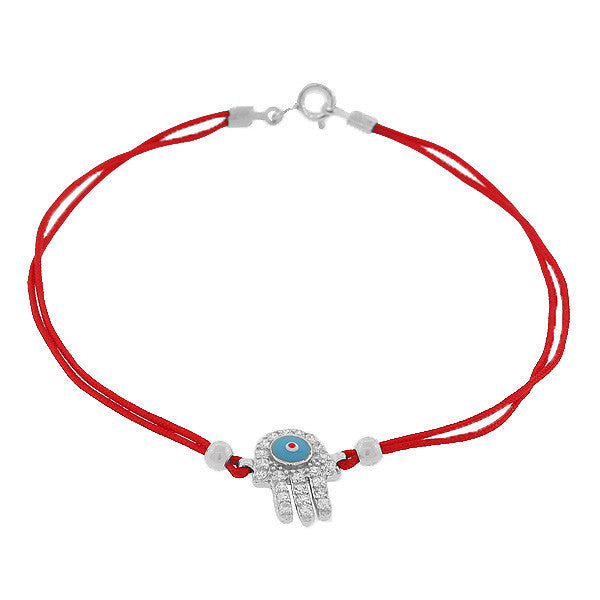 925 Sterling Silver Red Cord White CZ Hamsa Evil Eye Bracelet
