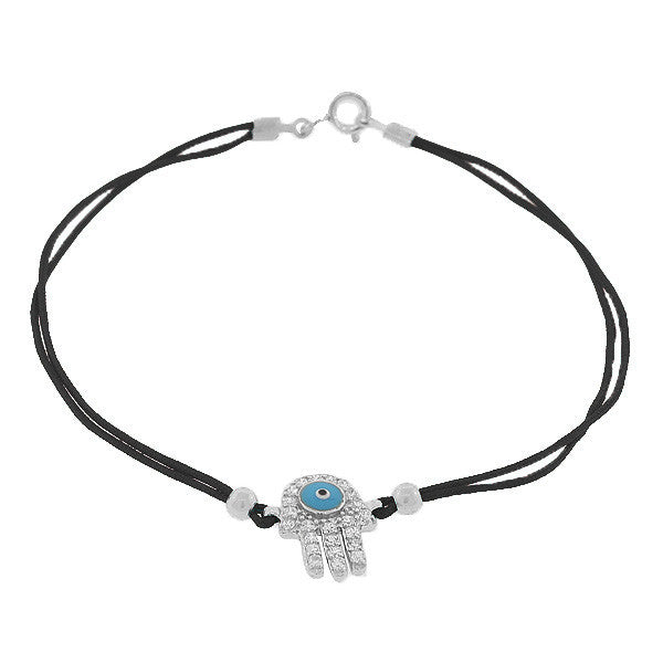 925 Sterling Silver Black White CZ Hamsa Evil Eye Bracelet