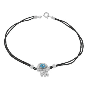 925 Sterling Silver Black White CZ Hamsa Evil Eye Bracelet