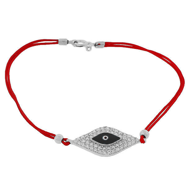 925 Sterling Silver Red Cord White CZ Hamsa Evil Eye Bracelet