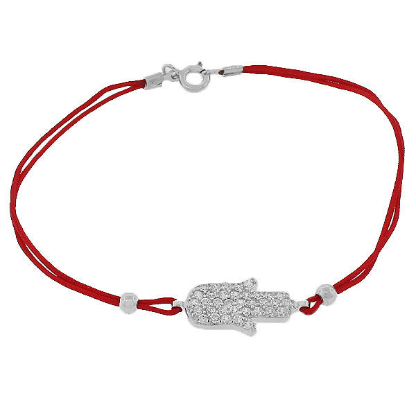 925 Sterling Silver Red Cord White CZ Hamsa Evil Eye Bracelet