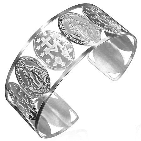 Stainless Steel Silver-Tone Cross Virgin Mary Religious Christian Open End Cuff Bangle